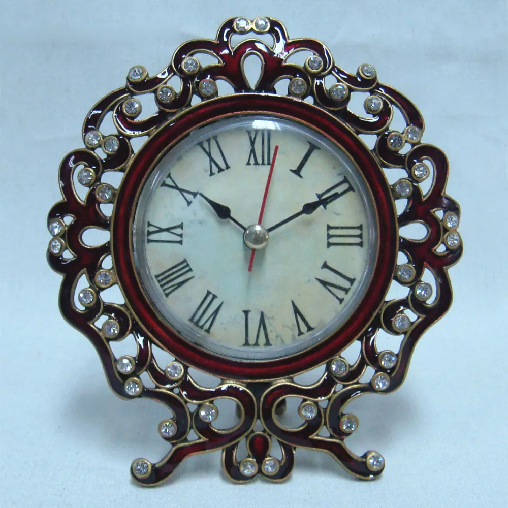 Vintage Gold Burgundy Enameled And Clear Crystals Jeweled Table Clock