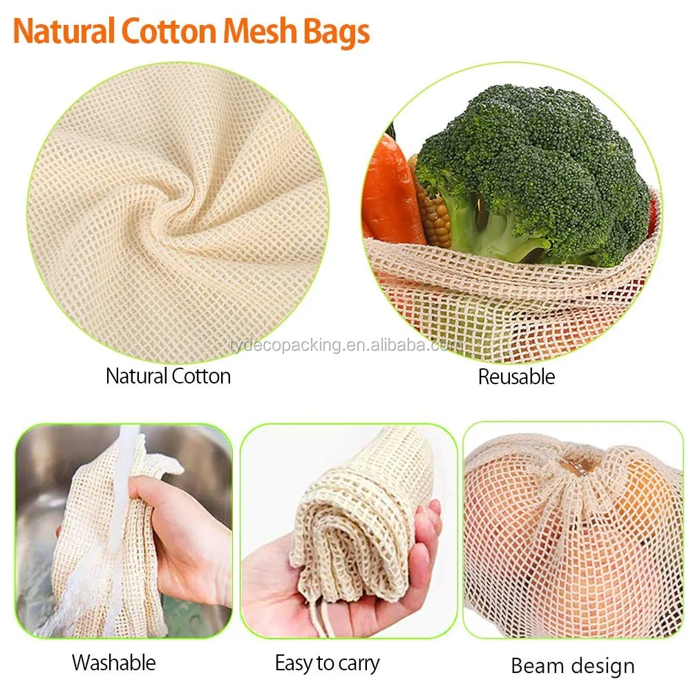 Reusable Organic Cotton Mesh Produce Bags With Dirawstring Mesh Green