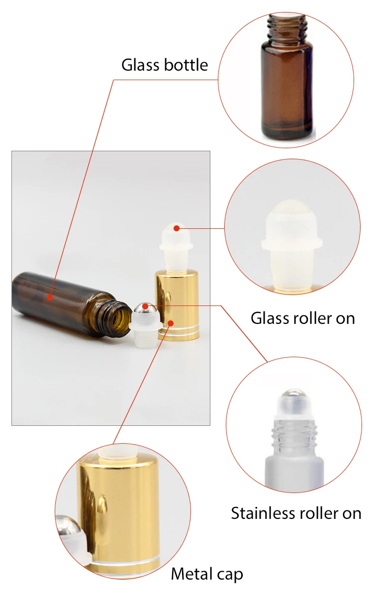 Wholesale empty essential oil perfume 3ml 5ml 8ml 10ml frosted clear amber blue glass roll on bottle with metal roller ball