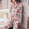 New 2017 Rose Patterns Print Women Shirts Blouse Pajama Sets + Long Pants Two Piece Set