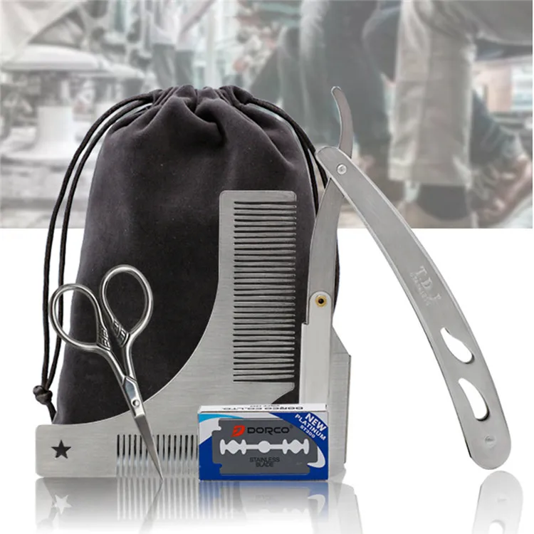 Stainless Steel Straight Edge Razor Beard Shaping Tool Comb Scissors