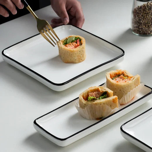 European Style Black Ceramic Dinner Plate Gold Rim 8" 10" Nordic Restaurant Plates Steak Plate