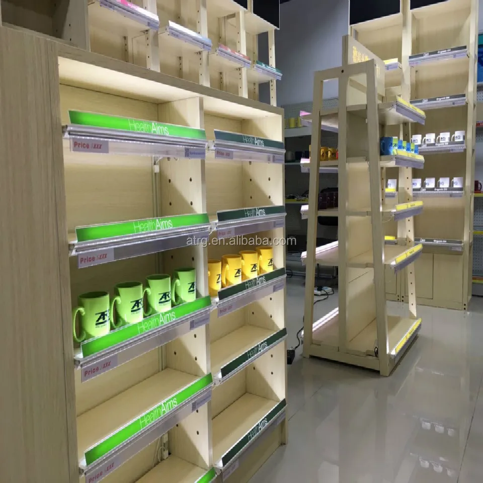 New Trendy Double Sided Wooden Gondola Shelving With Led Shelf Lighting Modern Wood Wall Shelves Commercial New Trendy Double Sided Wooden Gondola Shelving With Led Shelf Lighting Modern Wood Wall Shelves Commercial