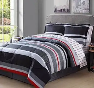Arde 8 Piece Boys Full Rugby Stripes Comforter Set, Gray White Grey Black Red Stripes Bedding Pattern, Beautiful Colors, Horizontal Striped Rugby Bed in a Bag with Sheet Set