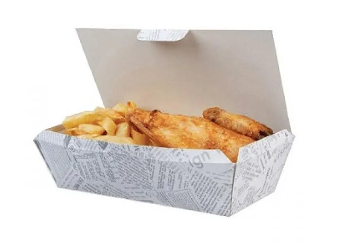 Take Away Shop Newspaper Fast Food Meal PRINTED FISH & CHIP BOX SMALL Tray x 50 
