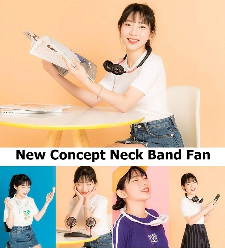 Hand Free Headphone Design Wearable Portable Neckband Mini Fan with USB Rechargeable for Traveling Outdoor Office