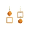 Long hollow wood Square Earrings asymmetric wool ball earrings metal lady jewelry