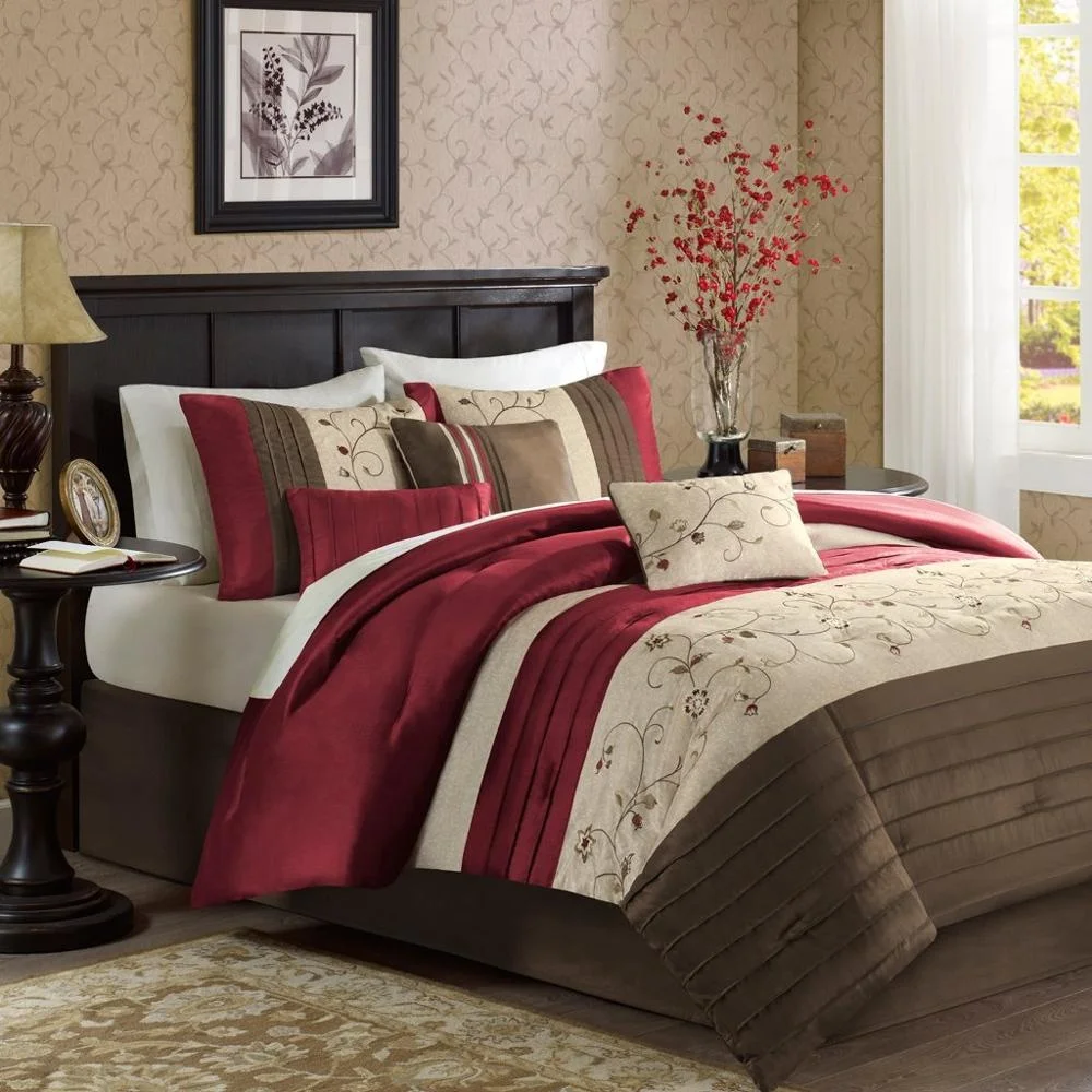 King Size Bed Comforter Set Bed Red Embroidered Bedding Sets Faux