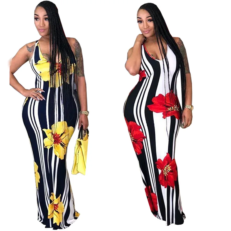 Deep V Neck Sleeveless Printed Flora stripe Long Maxi Dress 2019 Ladies Summer Beach Bohemian floor dress Women