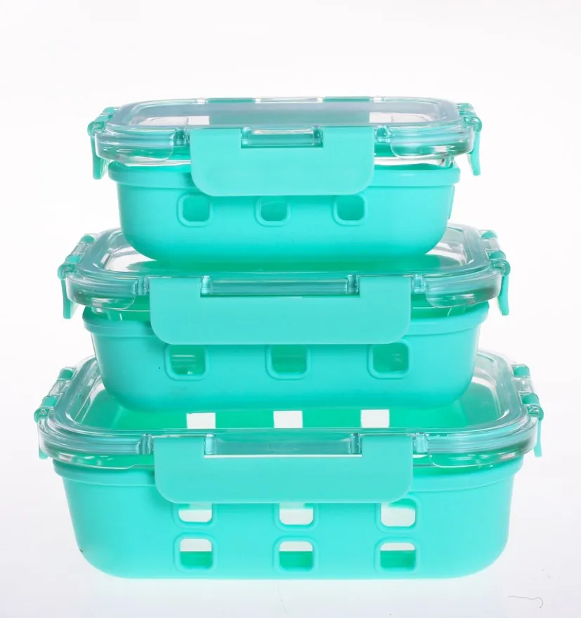 2019 New Design Microwave Glass Office Lunch Box With Non-slip Silicone