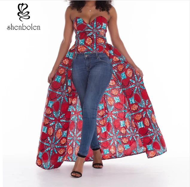 denim shirt with african print skirt