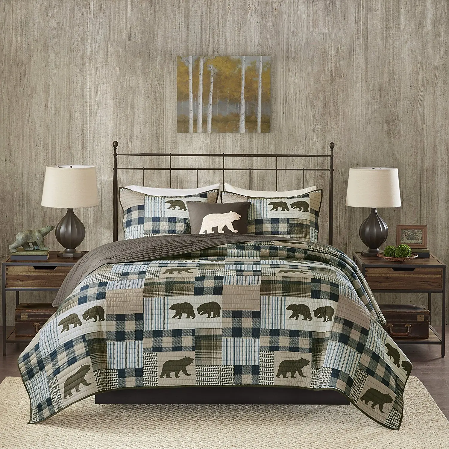 4 Piece Oversized Brown Blue White King/ Cal King Quilt Set, Patchwork Pattern Bedding Tartan Plaid Themed Checkered Bear Mountain Winter Cozy Stylish Cabin Lodge Cottage Trendy Animal, Polyester
