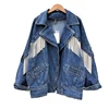punk style women's high quality blue washed jeans jacket heavy industry chain tassel pendant denim jackets