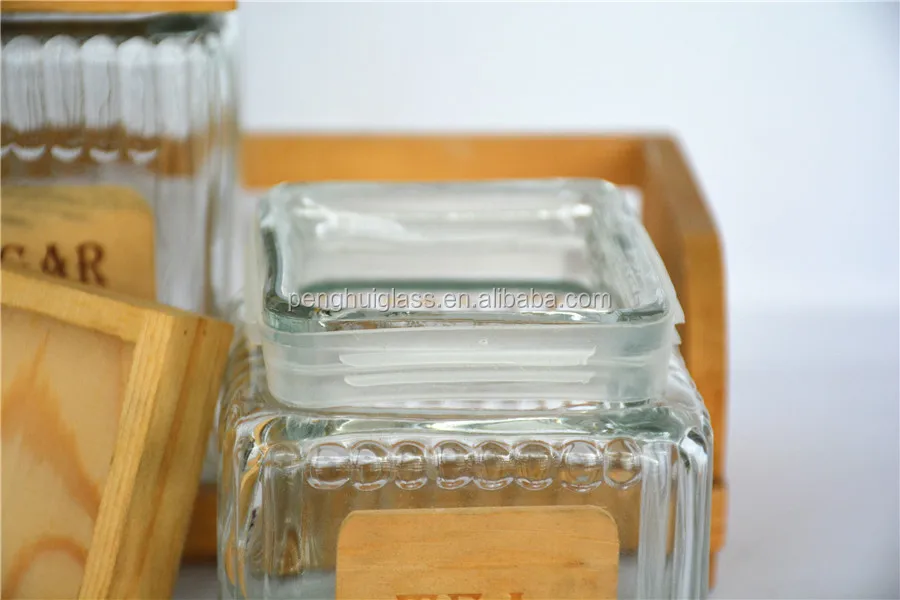 3 Pcs Square Glass Storage Jar With Wooden Lid In Wood Stand Buy