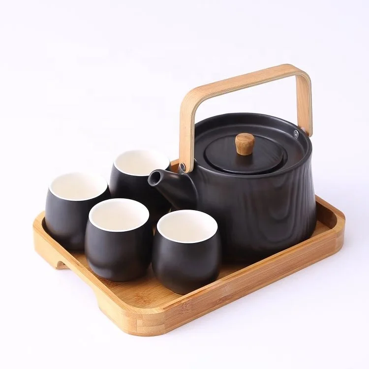 Wholesale 4 Cups 1 Teapot Black Glaze Japanese Porcelain Tea Set With Wooden Tray Buy Tea Set