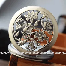 Nova Orquídea Bronze Antigo Oco Flor de Quartzo Grande Relógio de Bolso Colar de Pingente de Mulheres Presentes P327 relogio de bolso Das Mulheres Dos Homens