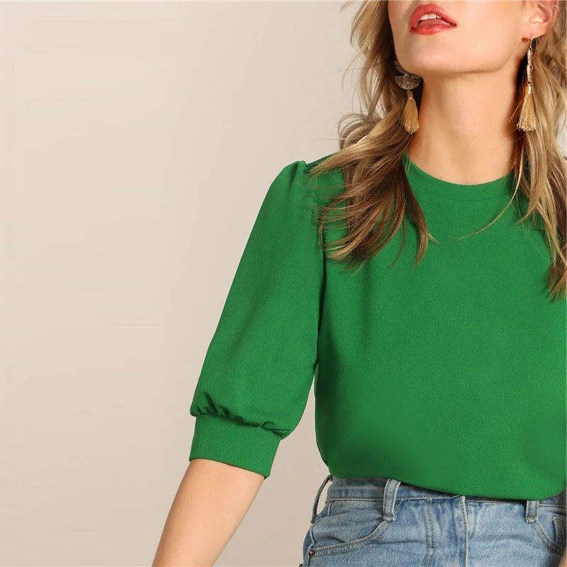 Ladies Casual Green Puff Sleeve Keyhole Back Solid Top And Blouse Women ...