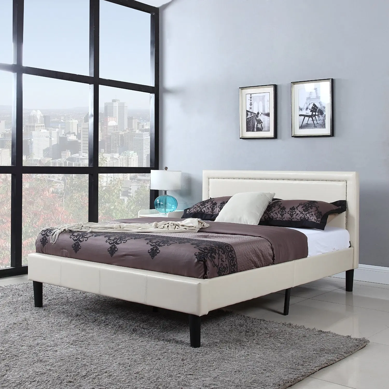 Divano Roma Furniture Classic Deluxe Bonded Leather Low Profile Platform Bed Frame with Curved Headboard Design and Button Details - Fits Queen Mattresses - Ivory