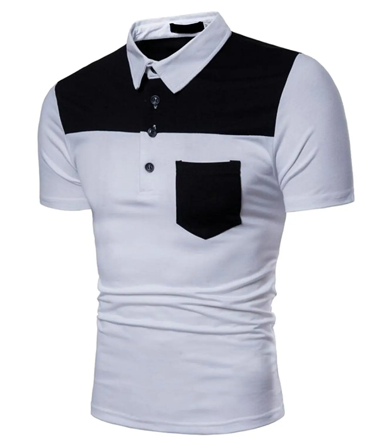 Qiangjinjiu Men Lapel Short Sleeve Button Down Chest Pocket Slim Fitted Shirt Dress Shirt