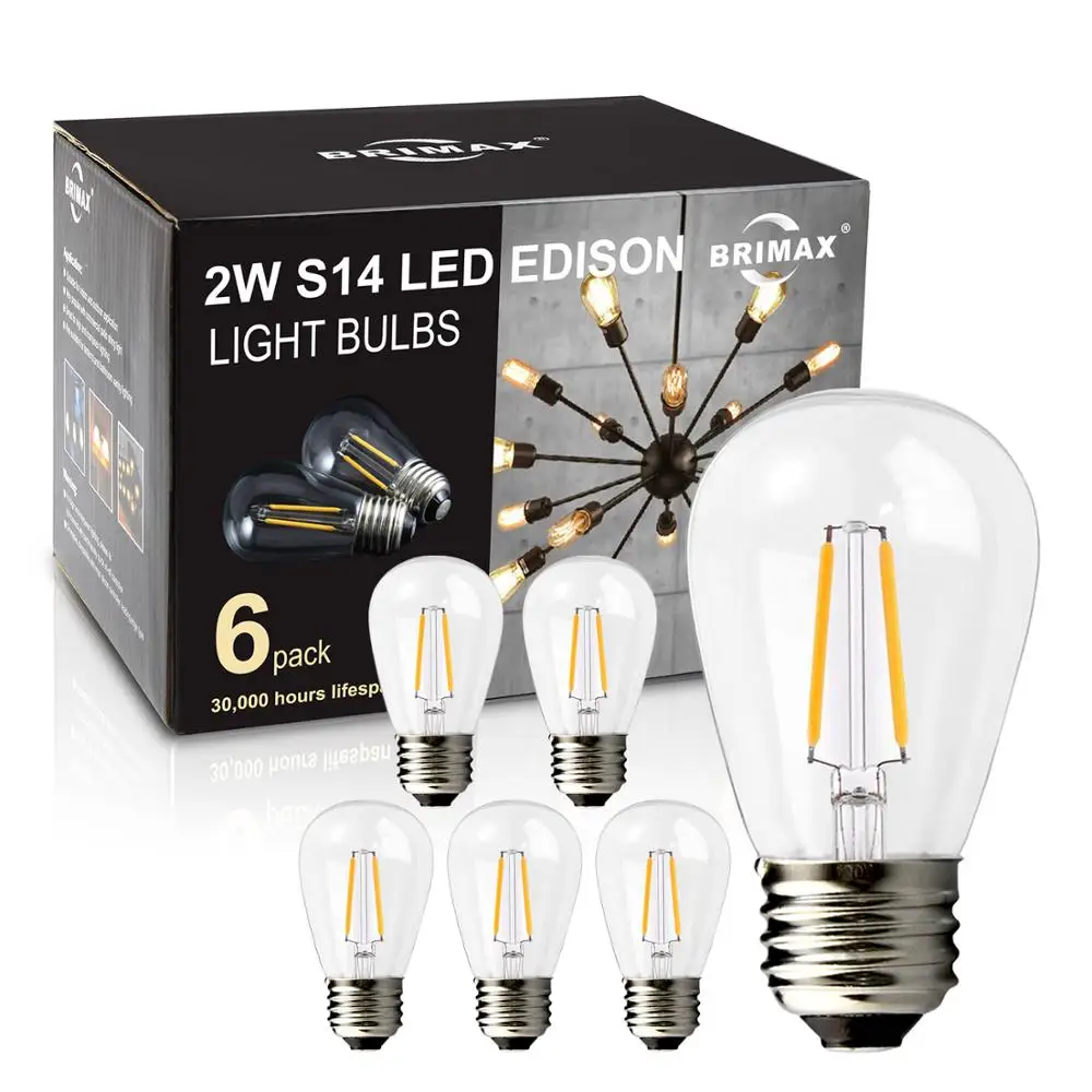 BRIMAX 6 Pack LED Light Bulbs Dimmable Spiral design 2w S14 led filament bulb E26 110v/E27 230V