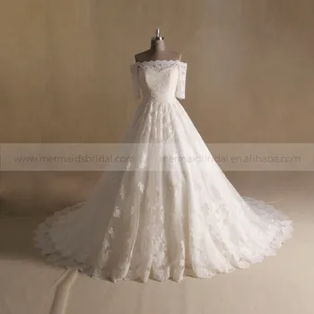 la princesa estilo a-línea de encaje 3/4 manga boda vestido largo