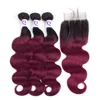 Unprocessed Virgin Brazilian Remy Halo Hair 1B Copper Red Body Wave Bundle And Closure With Three Part