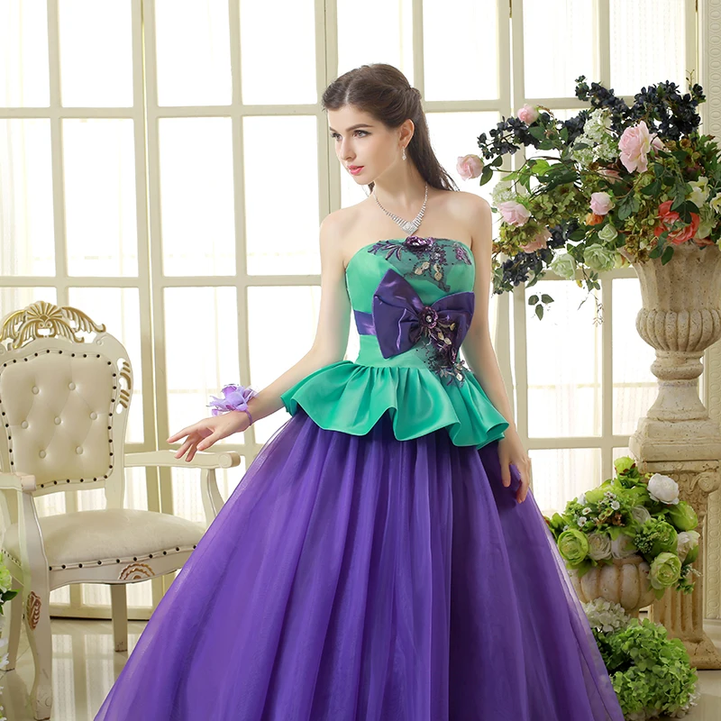 green-purple-color-ruched-tulle-wedding-dress-strapless-theme-photography-off-shoulder-sexy