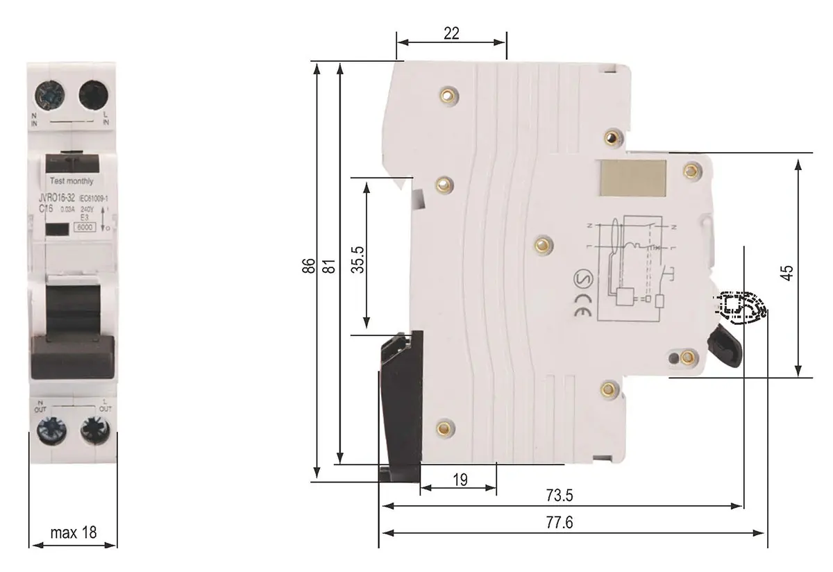 JVR016-32 AVDT-63M Interruptor differential 6A 10A 16A 20A 25A 32A 20mA 30mA 300mA Type AC or Type A Australia DPN 1P+N RCBO