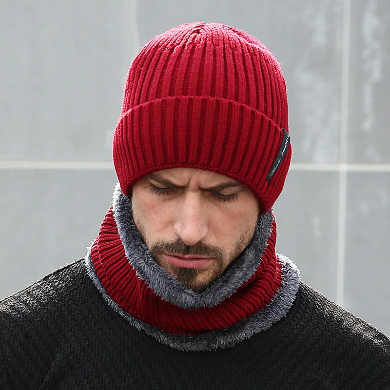 Winter Beanie Men Scarf Set Knitted Hat Caps Mask Baggy Warm Hats For Men Fleece Lined