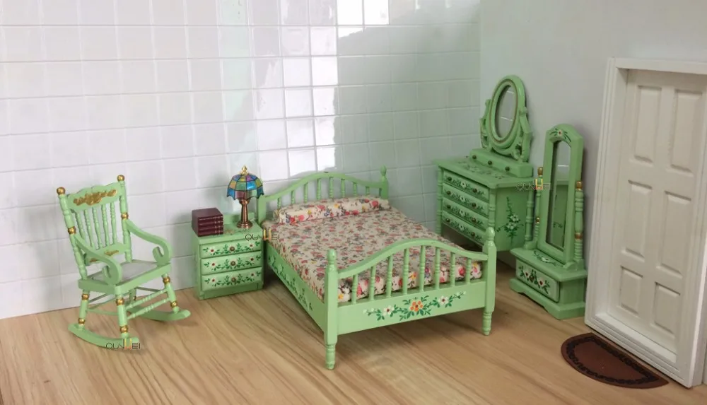 5pc Dollhouse Miniature Bedroom Wood Furniture Set Green Qw80003 Buy Dolls Bedroom Set