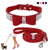 Bling rhinestone adjustable buckle cute crystal PU leather dog collar and leash set
