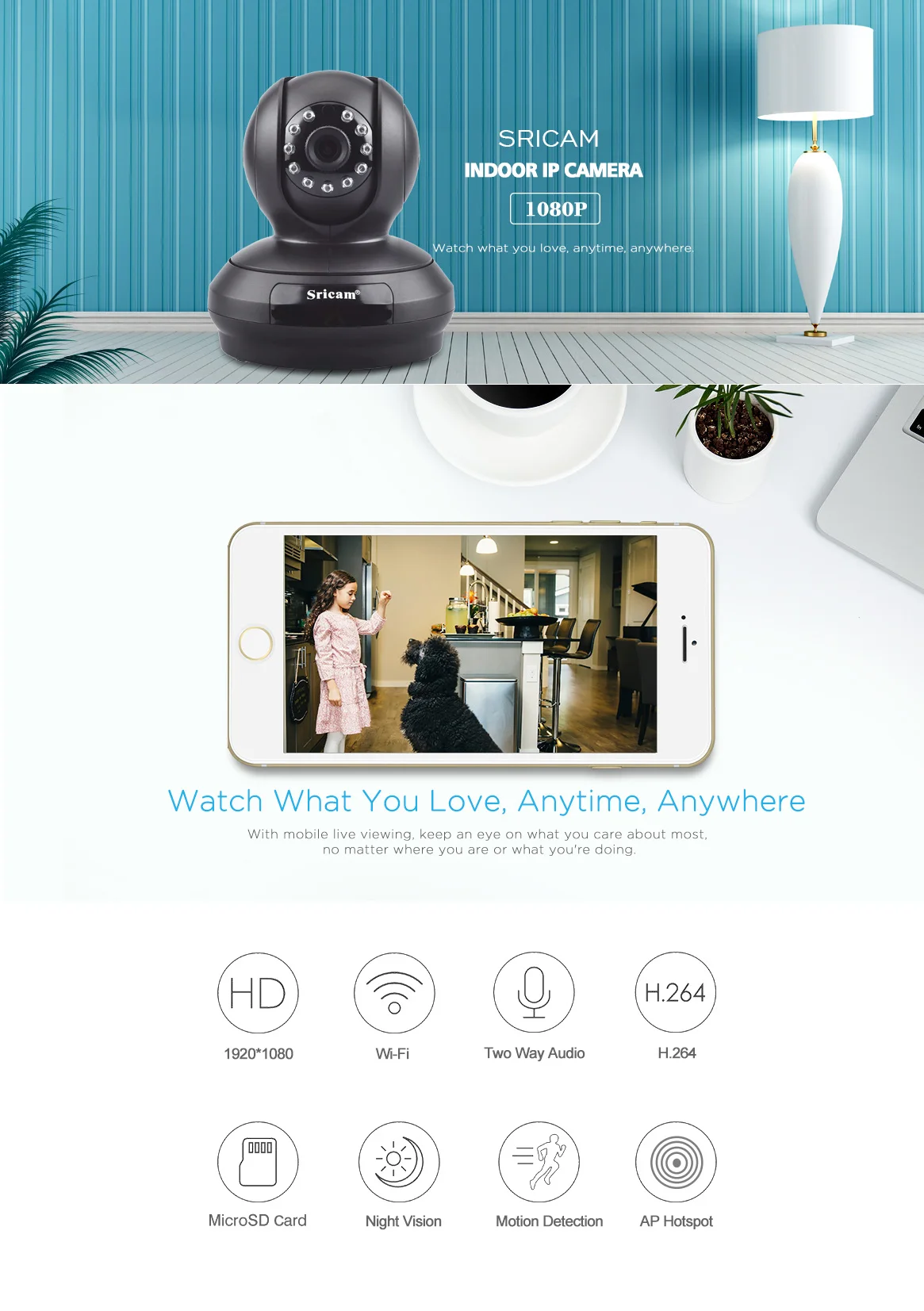 2.0MP Sricam Wireless 1080P IP Camera WiFi Home Security Surveillance Camera