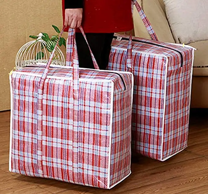 Checkered Laundry Shopping Plastic Bag With Zippers And Handles For