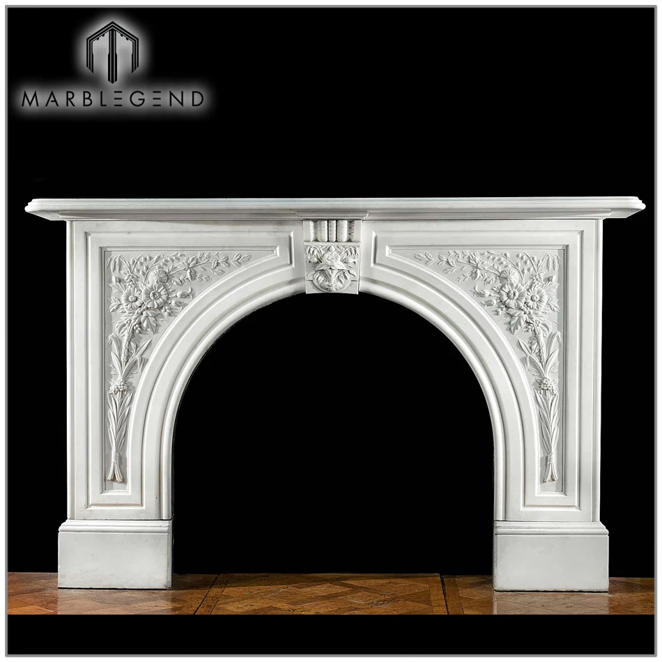 Prefab Hand Carved Victorian Arched Antique Marble Fireplace