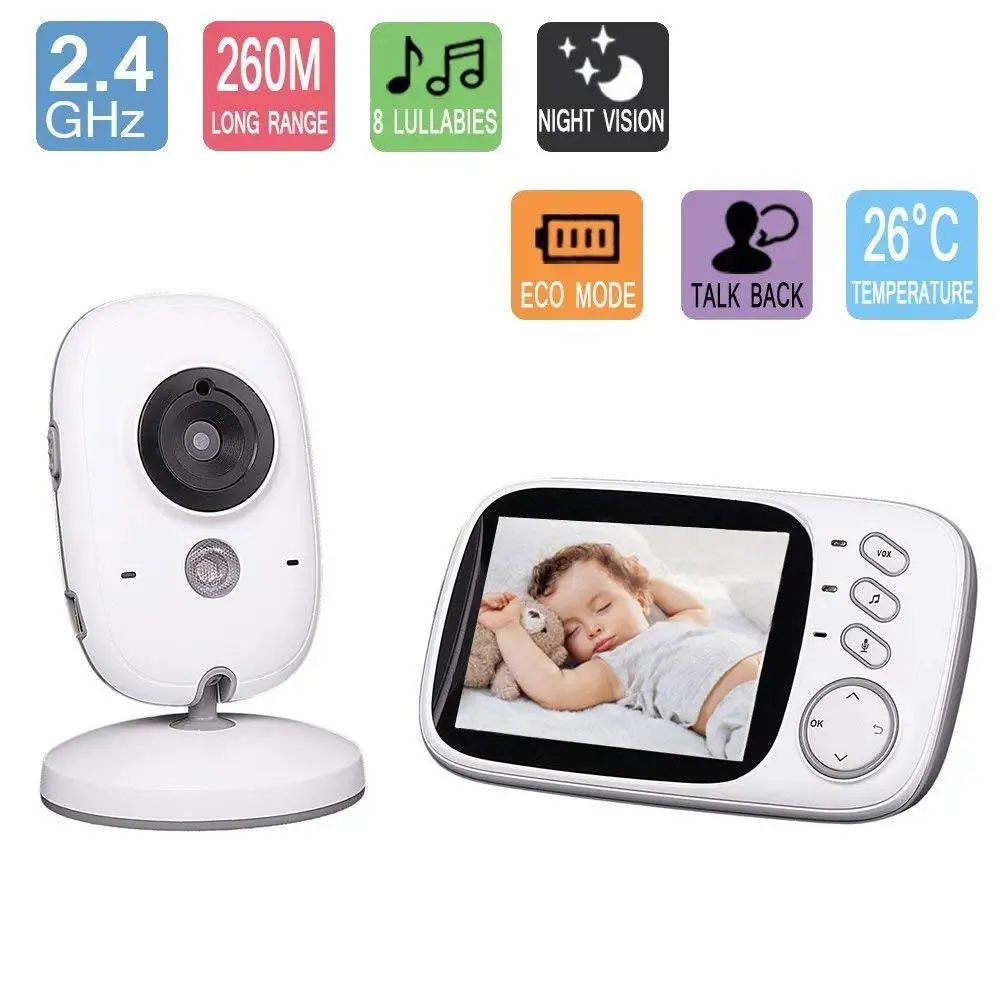 Lullaby Bay - Wireless Video Baby Monitor with Digital Camera. Anti-Hack Encryption. 3. 2 inch LCD Screen. Night Vision. Temperature Sensor. 2-Way Talk. Long Range. 8 Lullabies. Wall-mountable camera