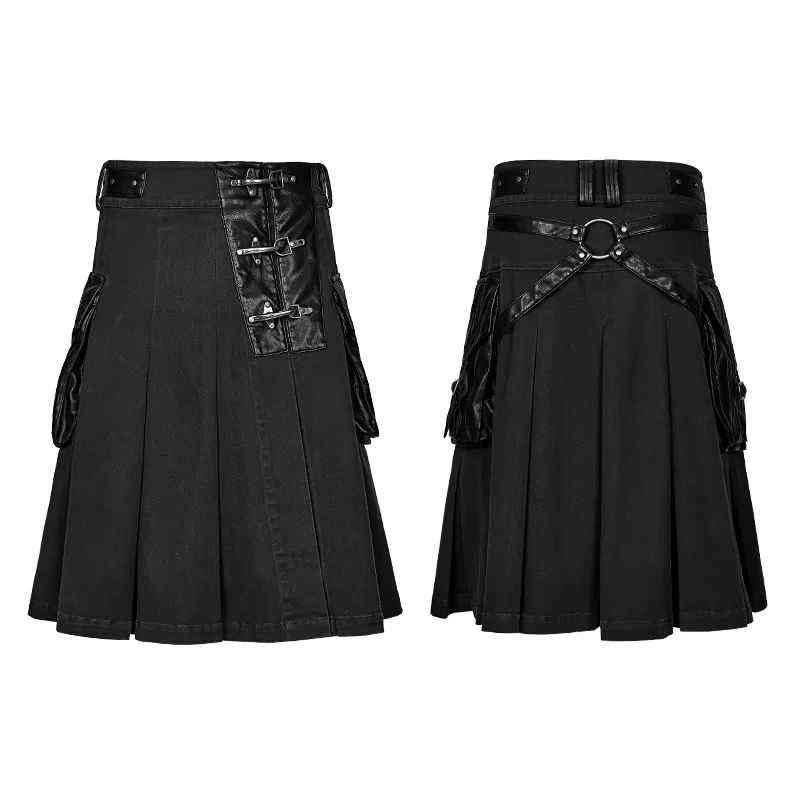 Q-319 Black punk rock big pockets scottish kilts mens middle skirts