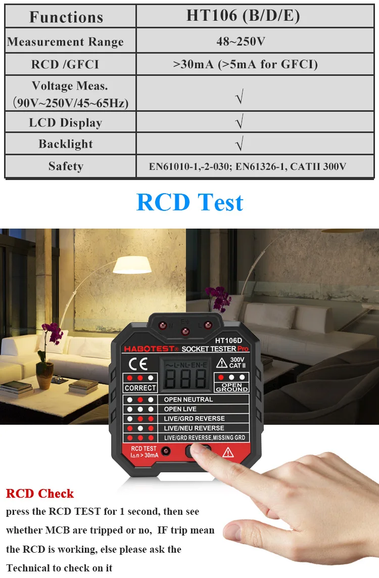 HABOTEST HT106 Socket Tester Pro RCD GFCI Voltage Measurement with LED light indication