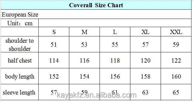 Mens Coverall Size Chart