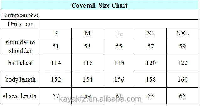 Nomex Coverall Size Chart