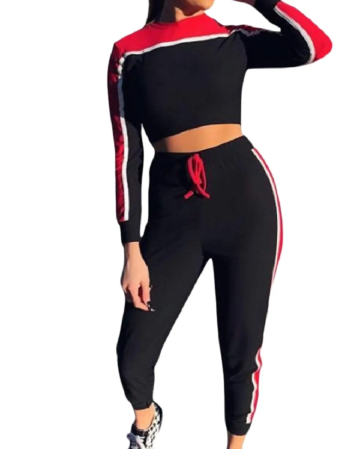 Zimaes-Women Hit Color Cropped 2 Piece Drawstring Tracksuit Outfit
