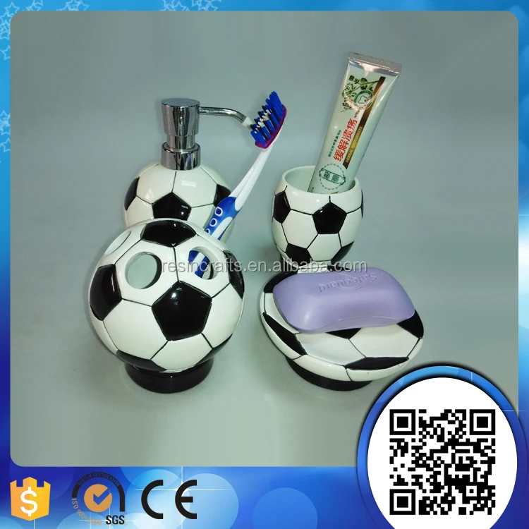 4 Pcs Football Style Resin Bathroom Accessories Set With Soap Dish 4 Pcs Football Style Resin Bathroom Accessories Set With Soap Dish Tooth Brush Holder Lotion Dispenser Tumbler Ball