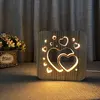 Wholesale 3D Heart Romantic Shape Carving Pattern Hollow Wooden LED Night Light for Holiday Gift