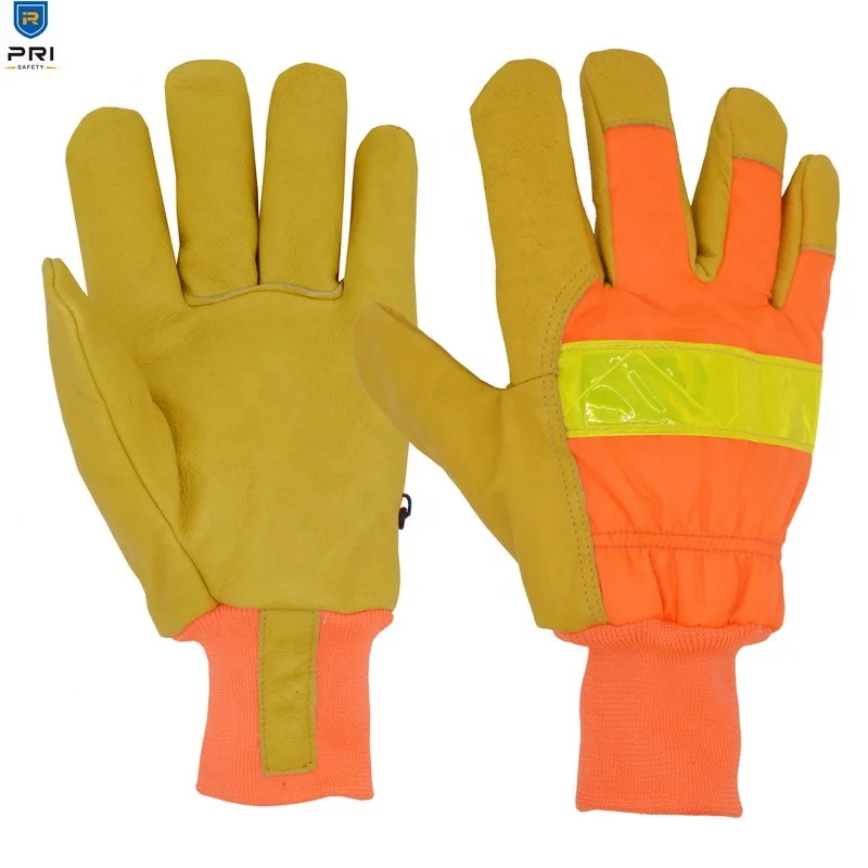 Hi-vis Orange Winter Leather Work Driver Pig Skin Reflective Gloves ...