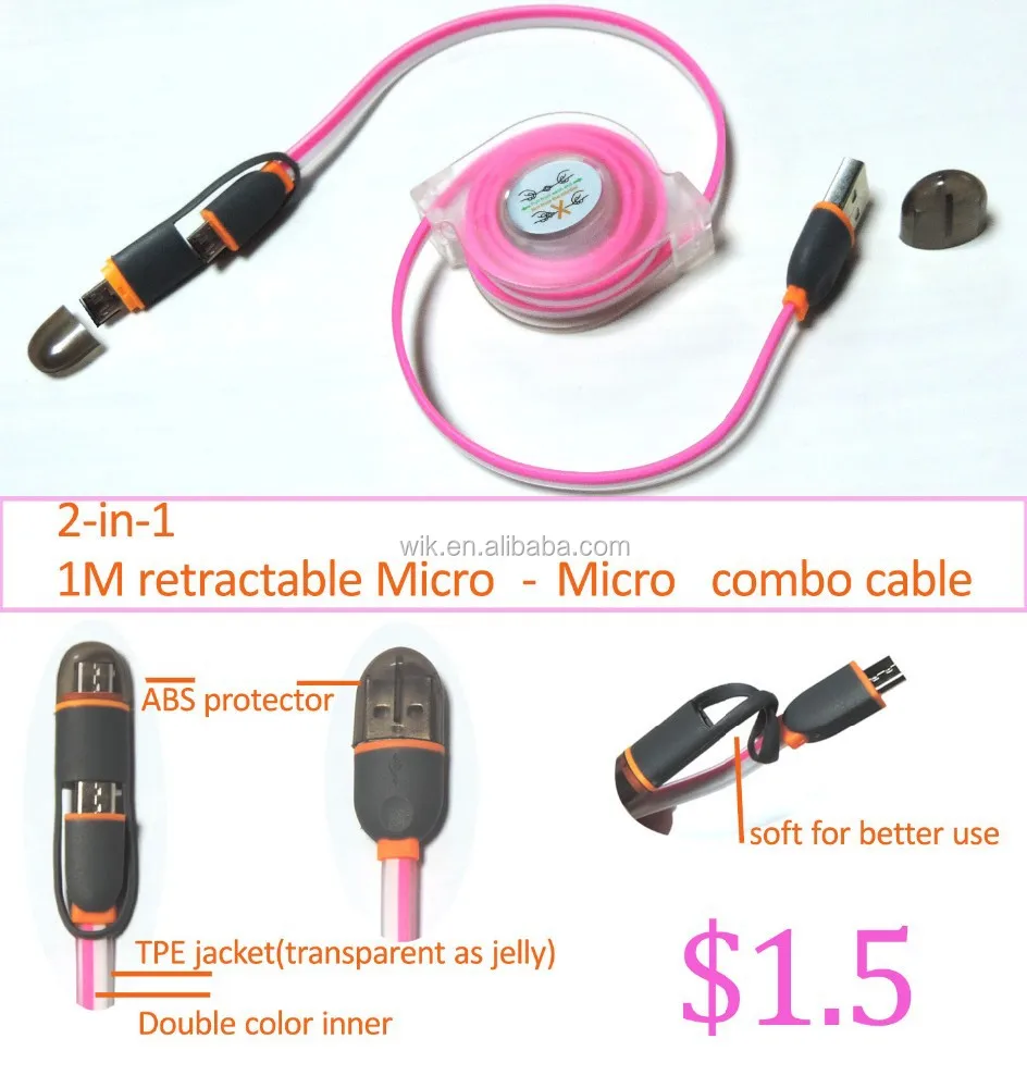 2 in 1 combo usb cables mini retractable micro cable reel