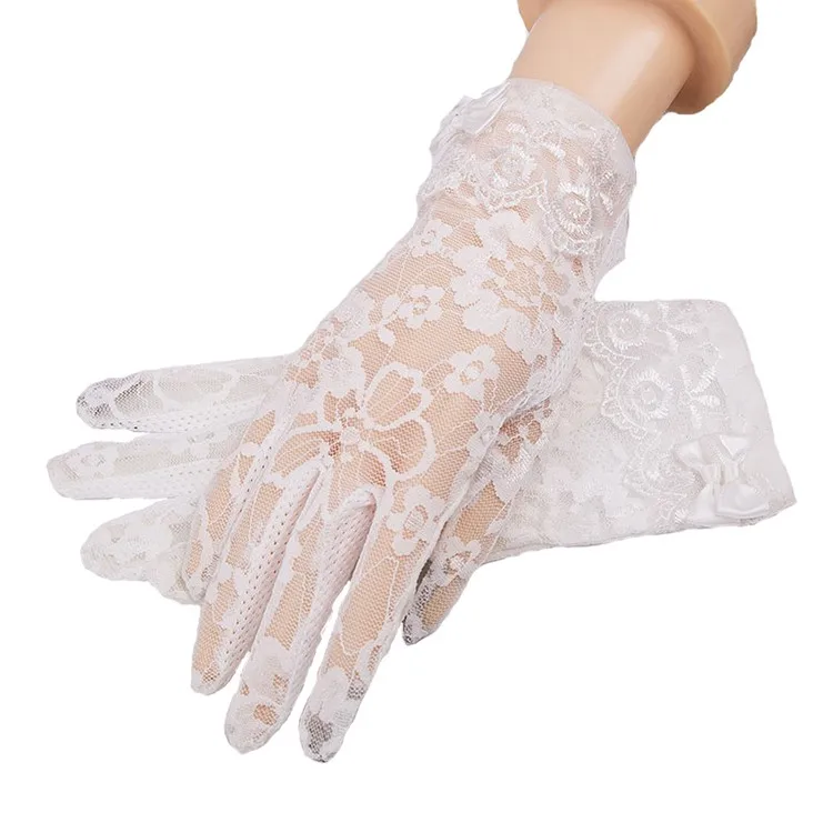 Women White Bowknot Satins Long Lace Silk Gloves For Evening Party ...