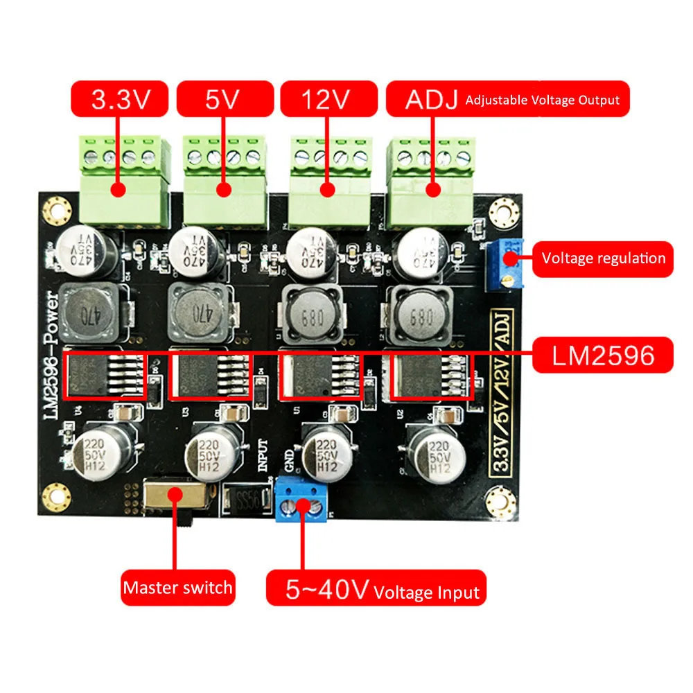 Nobsound LM2596 4-Way Multiple Output Switching Power Supply Module Board Converter 3.3V/5V/12V/ADJ Schaltnetzteil-Modul 