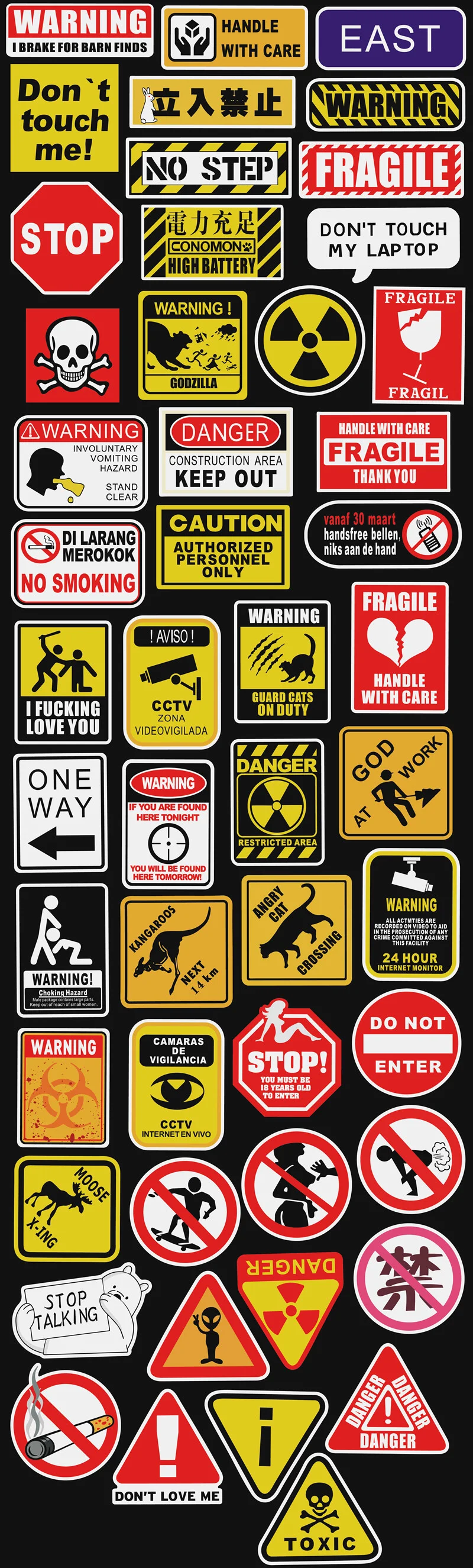 50 Pcs Warning Sign Stickers Decals for Laptop Luggage Skateboard Wall Graffiti