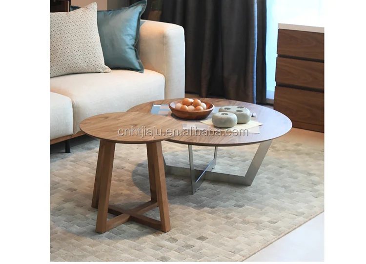 Hot Modern Wooden Coffee Table Round Metal Leg