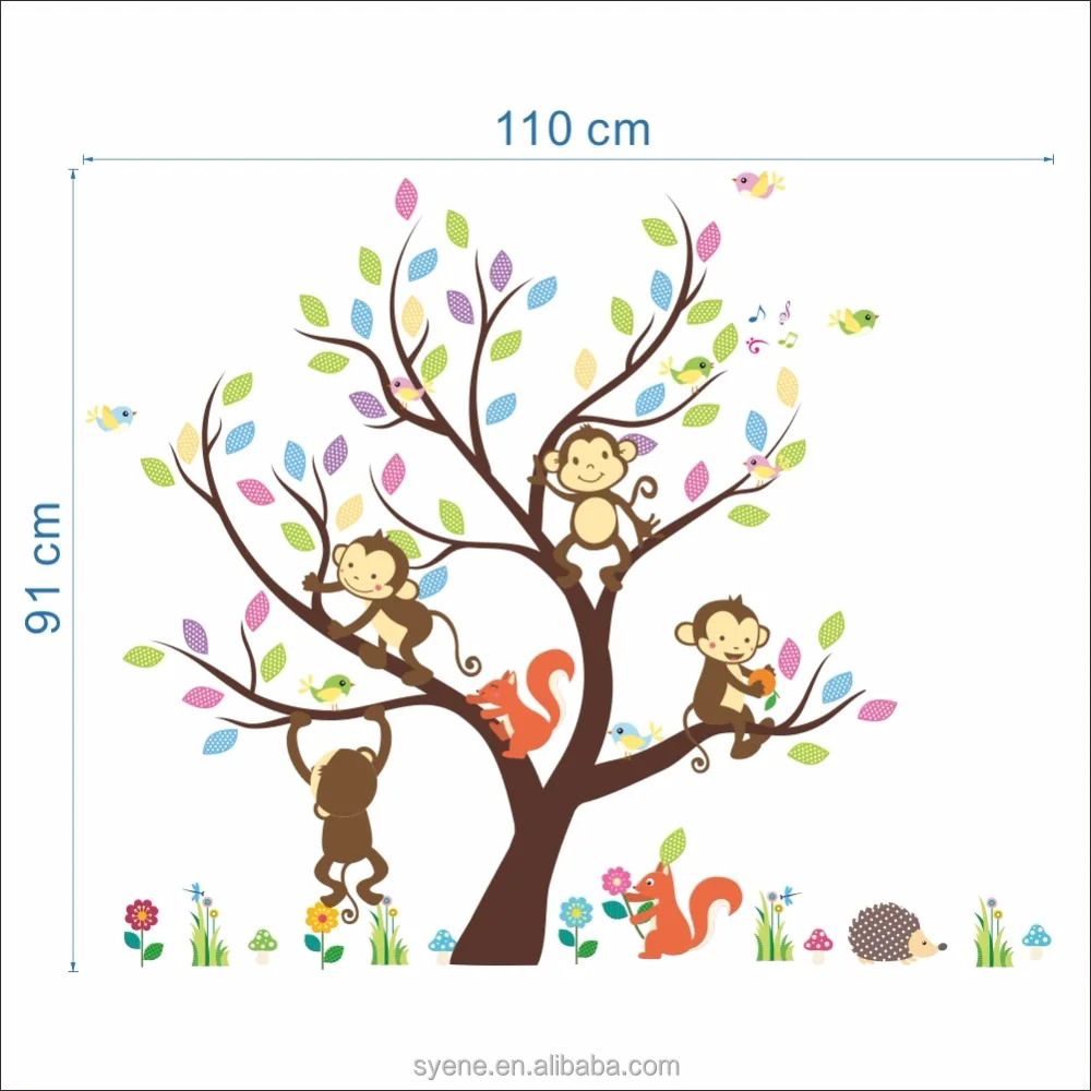Syene Kartun Lucu Monyet Hutan Hewan Keluarga Pohon Wall Sticker