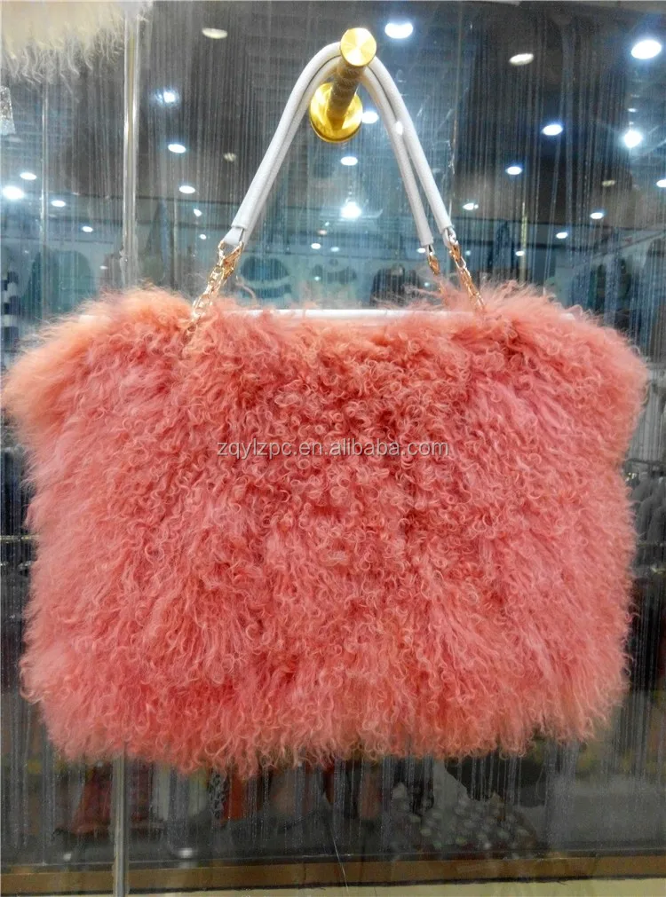 Wholesale Fashion Women Sheep Fur Tote Bags / Genuine White Lamb Fur Handbag